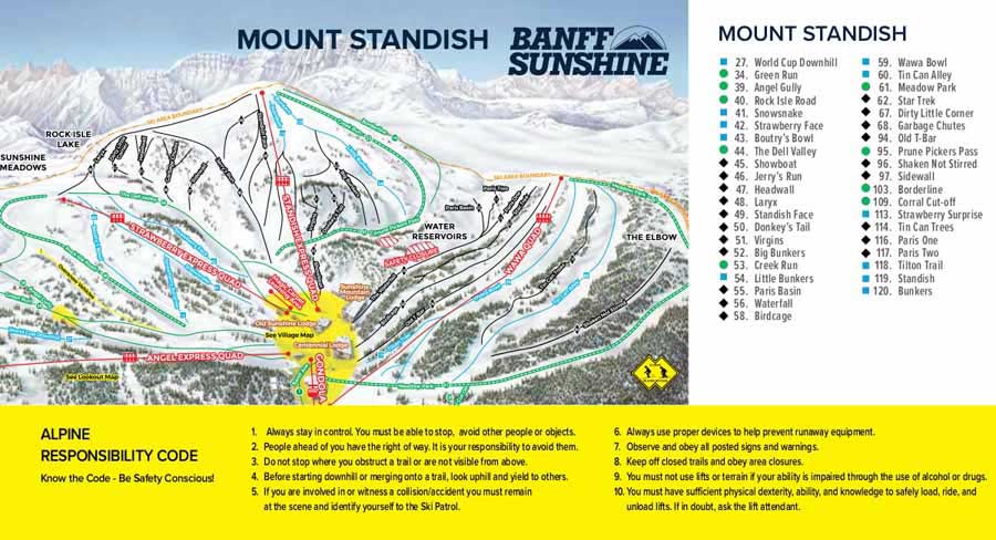 Pistenplan für Skigebiet Sunshine Village Banff, Alberta, Kanada