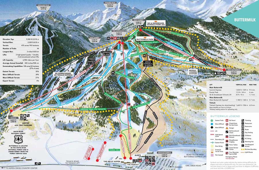 Pistenplan für Skigebiet Aspen Buttermilk, Colorado, USA
