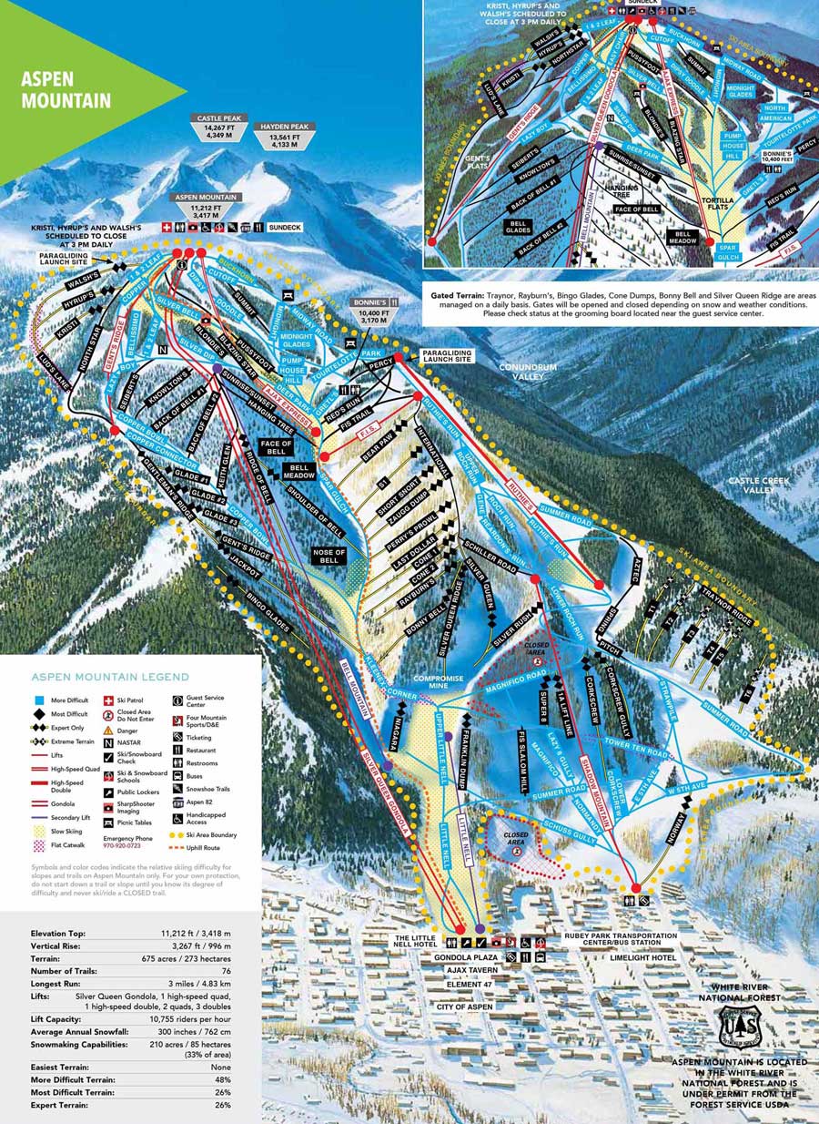 Pistenplan für Skigebiet Aspen Mountain AJAX, Colorado, USA