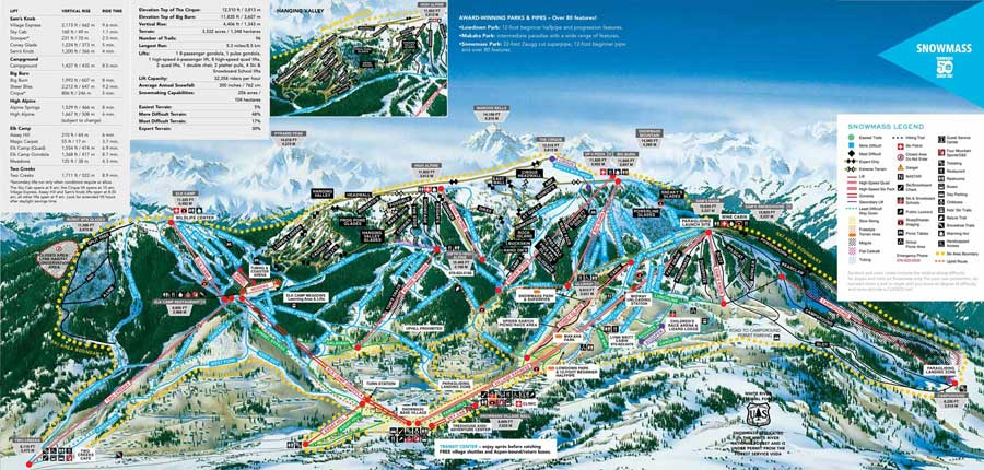 Pistenplan für Skigebiet Snowmass, Colorado, USA