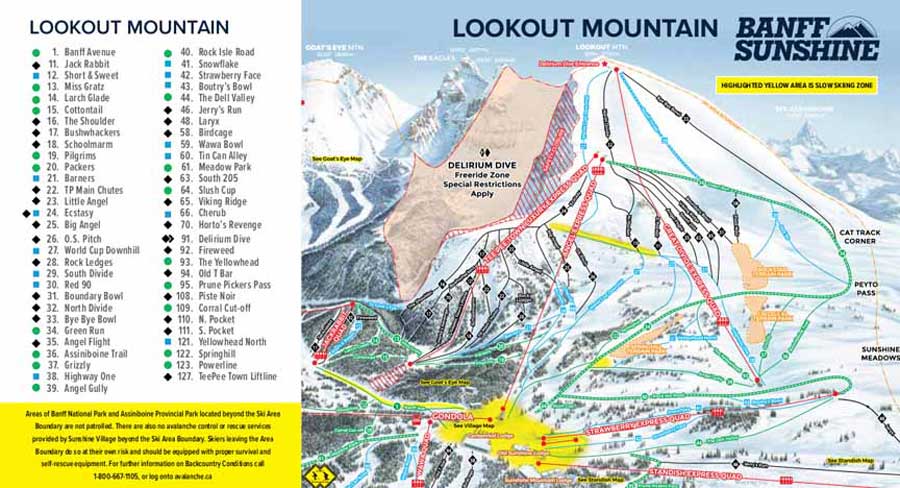 Pistenplan für Skigebiet Sunshine Village Banff, Alberta, Kanada