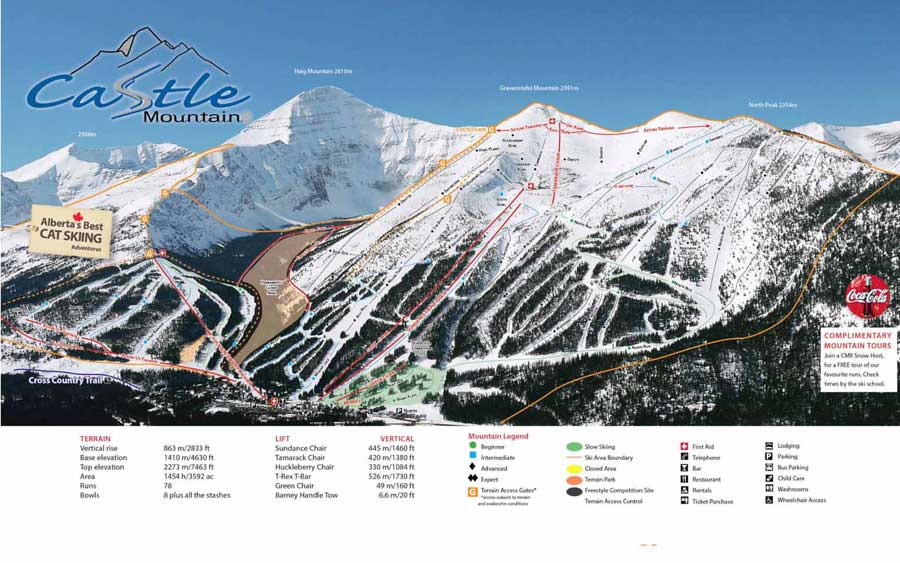 Pistenplan für Skigebiet Castle Mountain, Alberta, Kanada