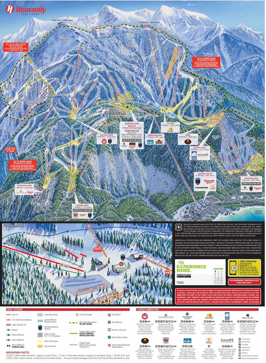 Pistenplan für Skigebiet Heavenly at Lake Tahoe, California, USA