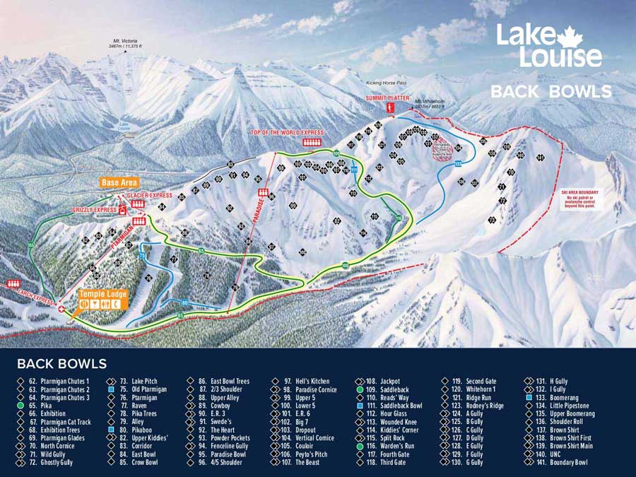 Pistenplan für Skigebiet Lake Louise Banff, Alberta, Kanada