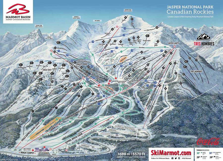 Pistenplan für Skigebiet Marmot Basin, Alberta, Kanada