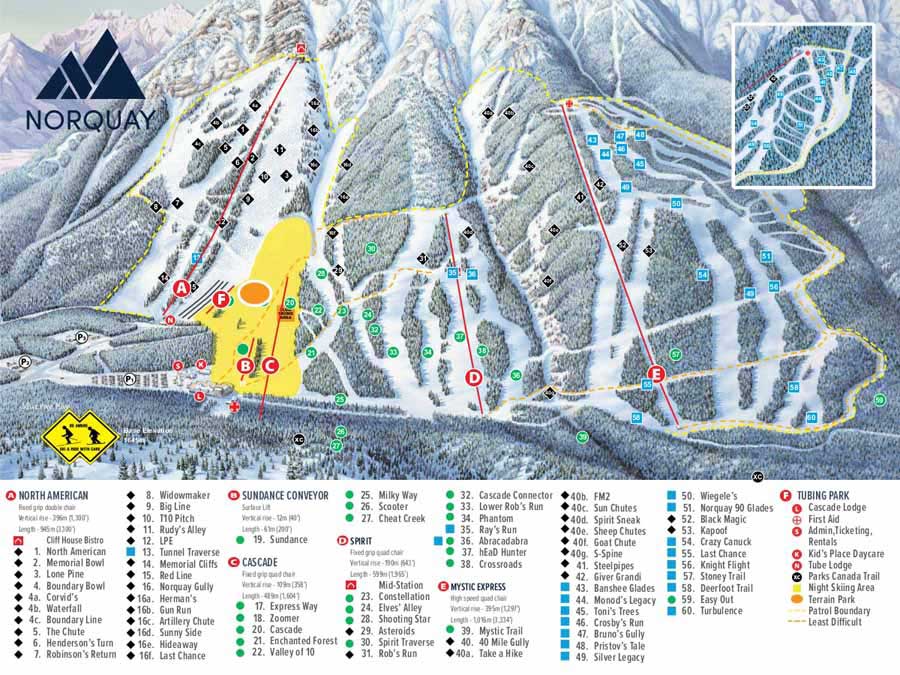 Pistenplan für Skigebiet Mount Norquay Banff, Alberta, Kanada
