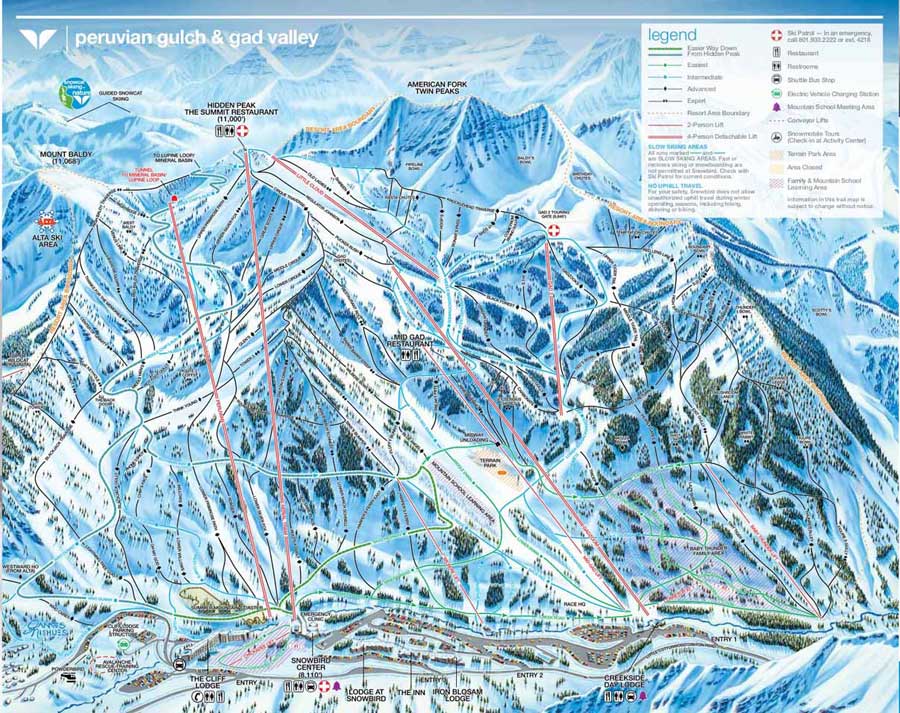 Pistenplan für Skigebiet Snowbird, Utah, USA